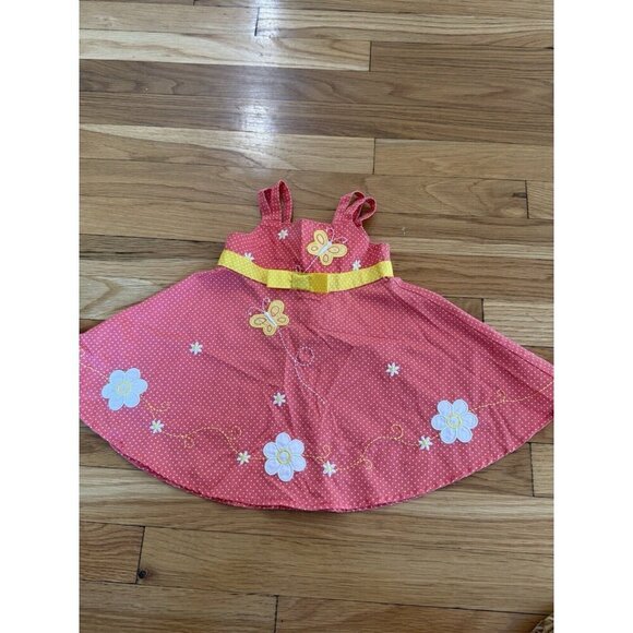 BLUEBERI BOULEVARD 12 Months Girls Sundress Coral w/ Flowers & Butterflies EUC‌ - Picture 1 of 9